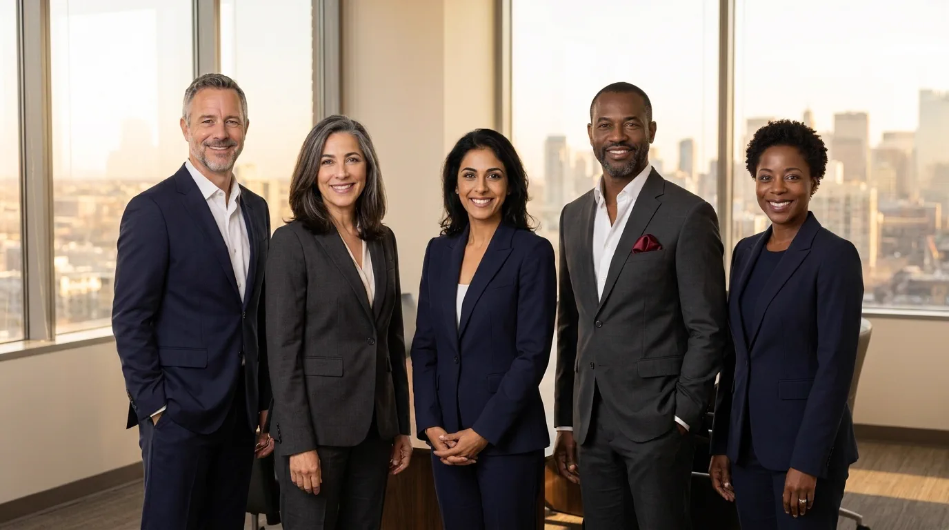 The five partners of Marlow Ash standing together in the firm's lobby.