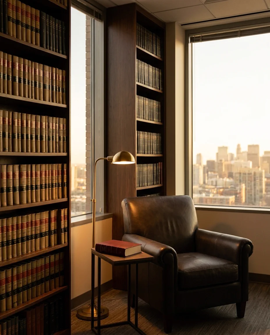 A corner of the firm's reading room: floor-to-ceiling shelves, a leather chair, a brass lamp.