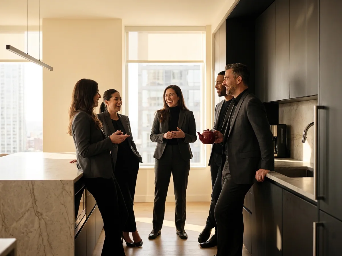 A team mid-conversation in a bright office kitchen.