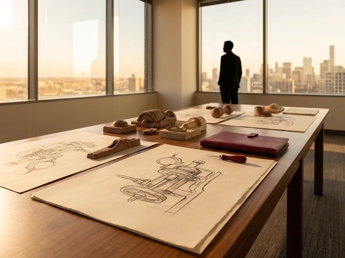 A product studio bench with prototypes and technical drawings.