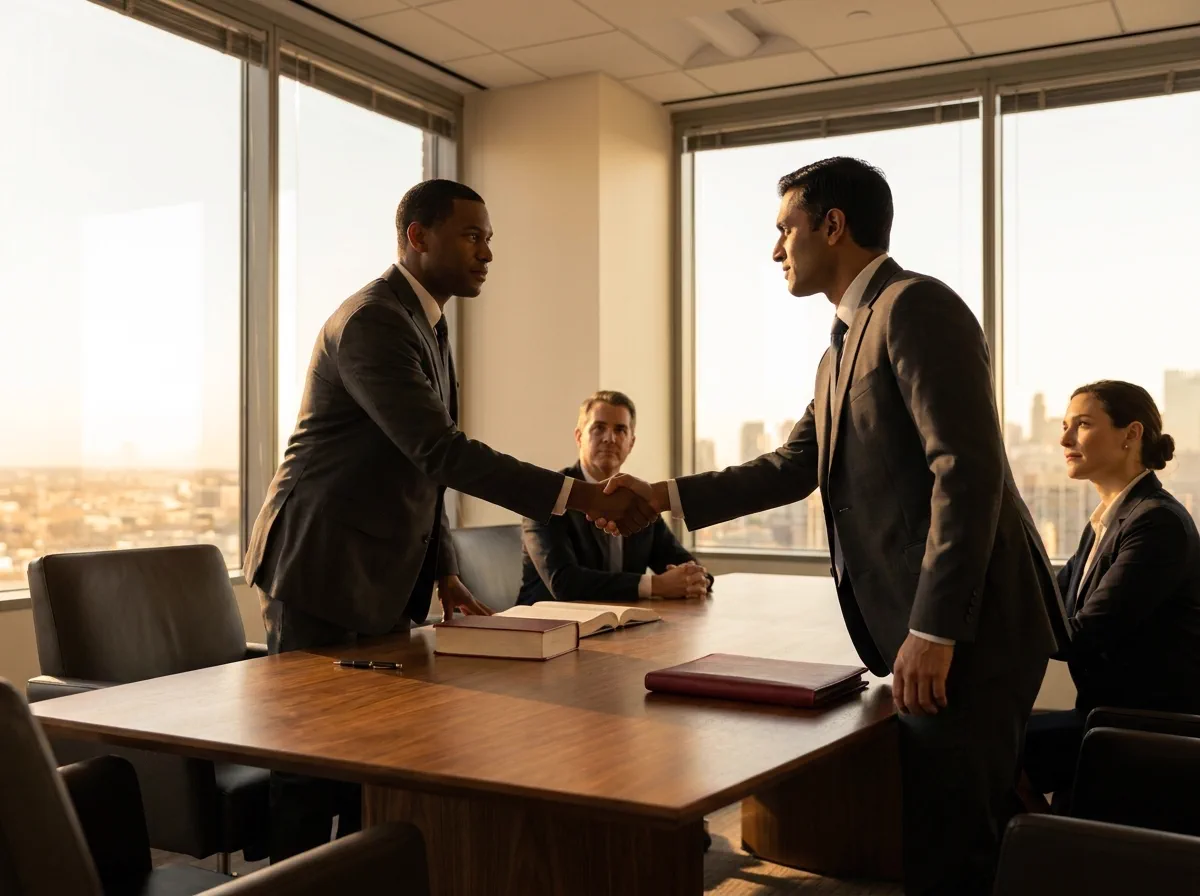 Two executives shaking hands across a boardroom table as advisors look on.
