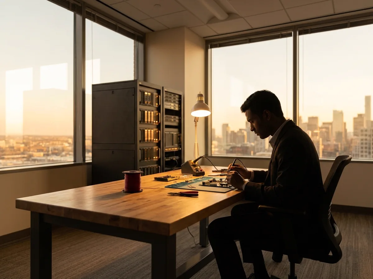 An engineer at a warmly lit hardware bench in a research lab.