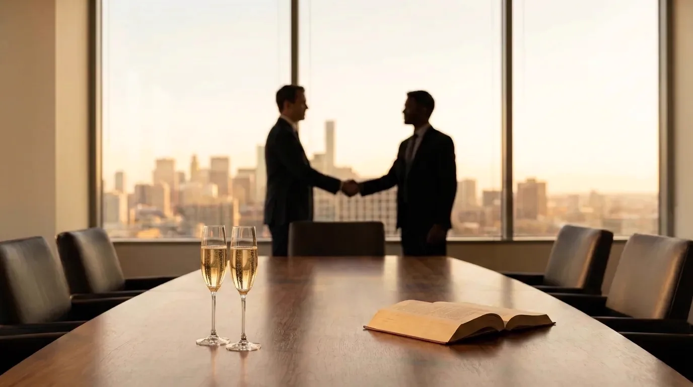 Two silhouettes shaking hands over a conference table at dusk, skyline beyond.