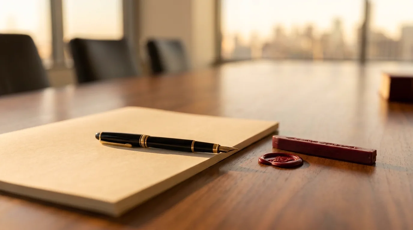 A fountain pen resting over a certificate page beside sealing wax.