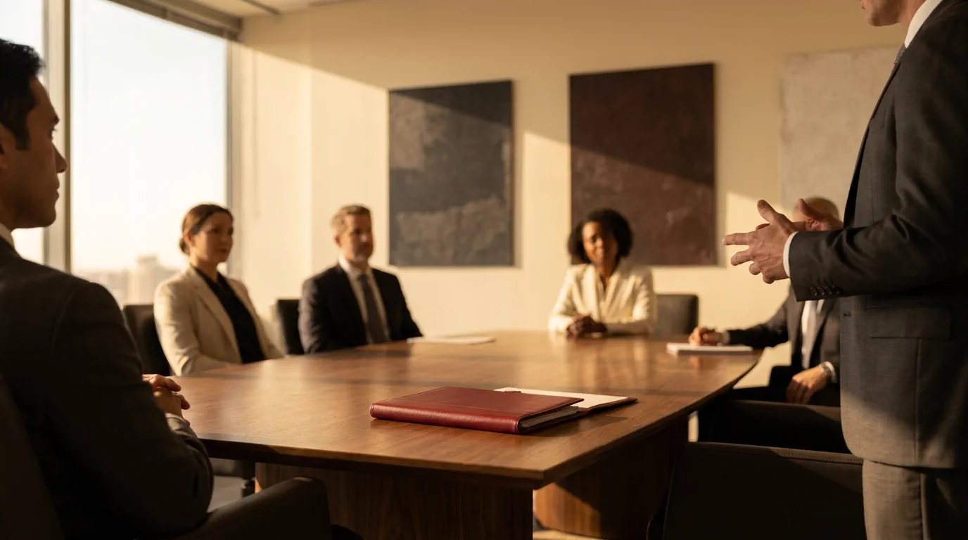 A boardroom mid-pitch in morning light.