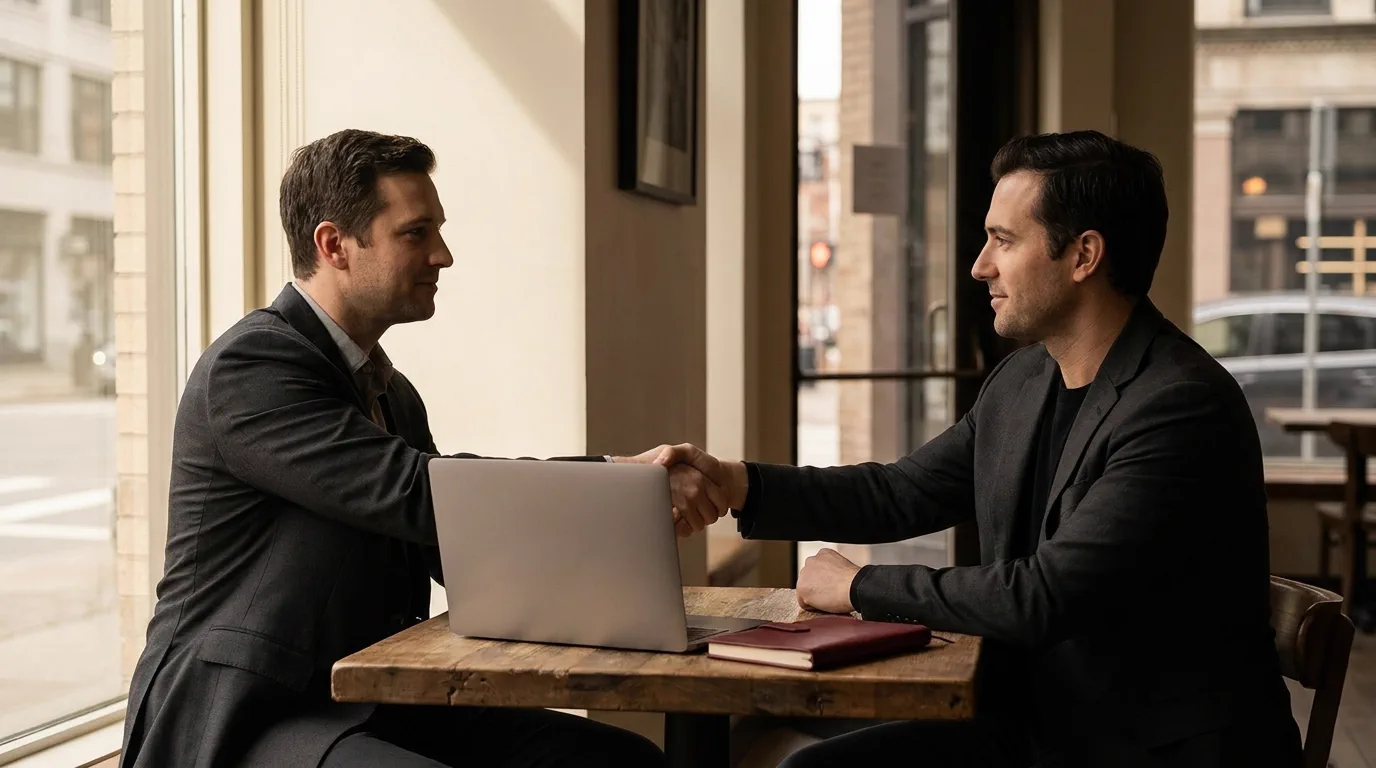 Two founders shaking hands over a laptop at a cafe table.