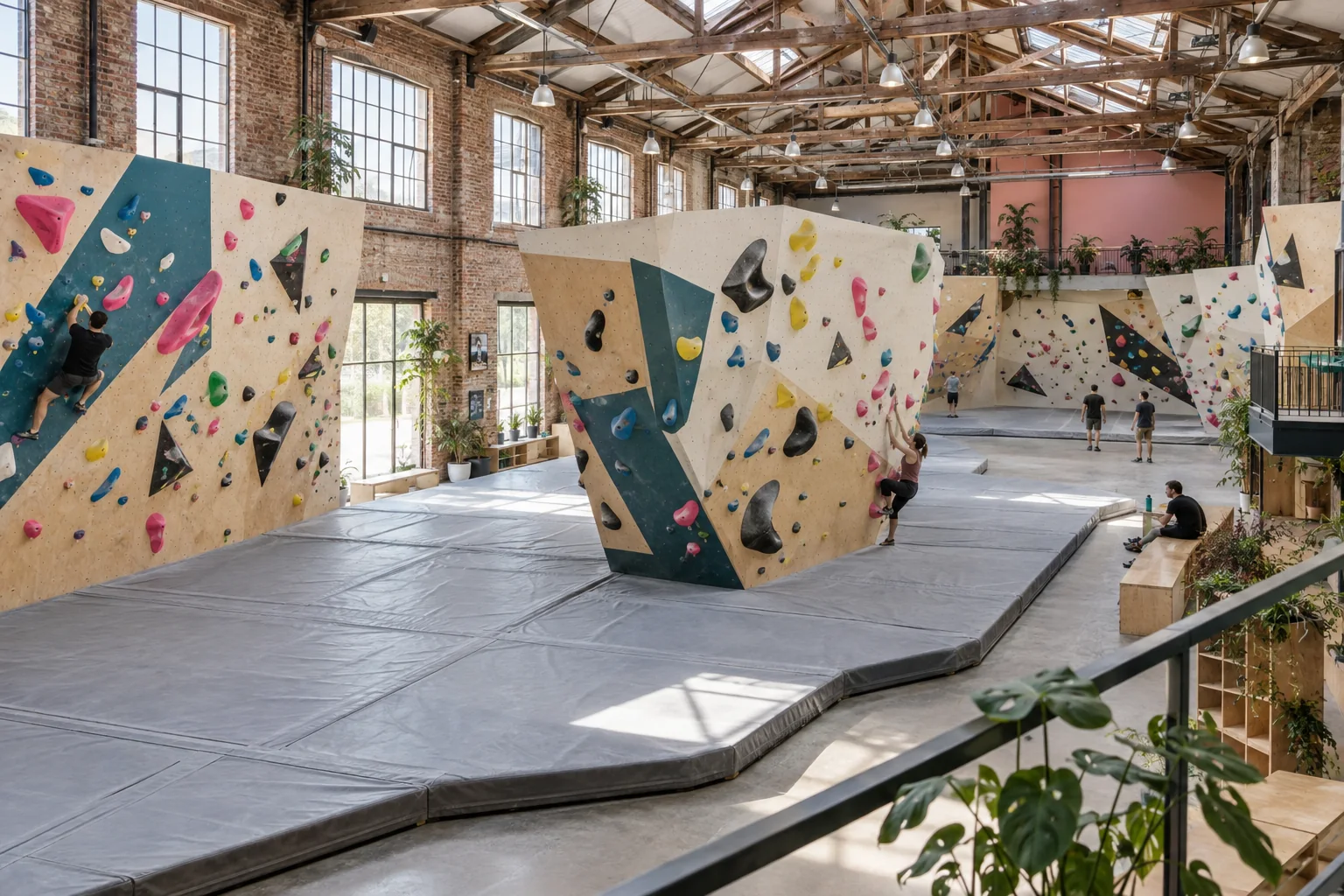A bright bouldering hall with angular walls, tall warehouse windows and open padded floors.