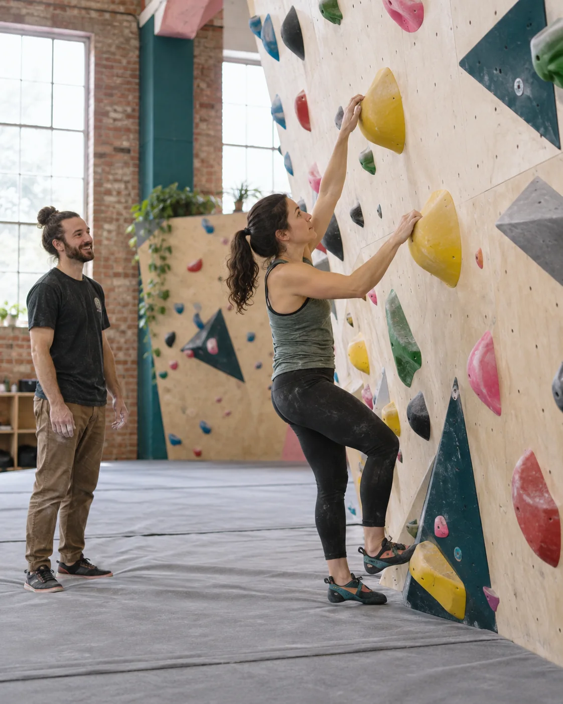 A beginner reaches for a large yellow hold on a low climbing wall.