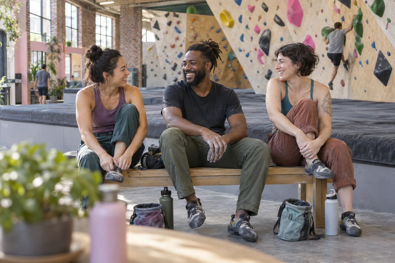 Three friends chat on a bench beside the climbing mats.