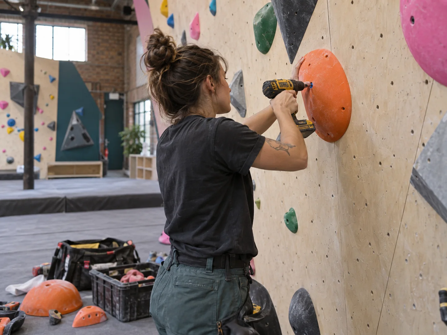 A route setter uses a cordless drill to fasten a hold on a plywood wall.