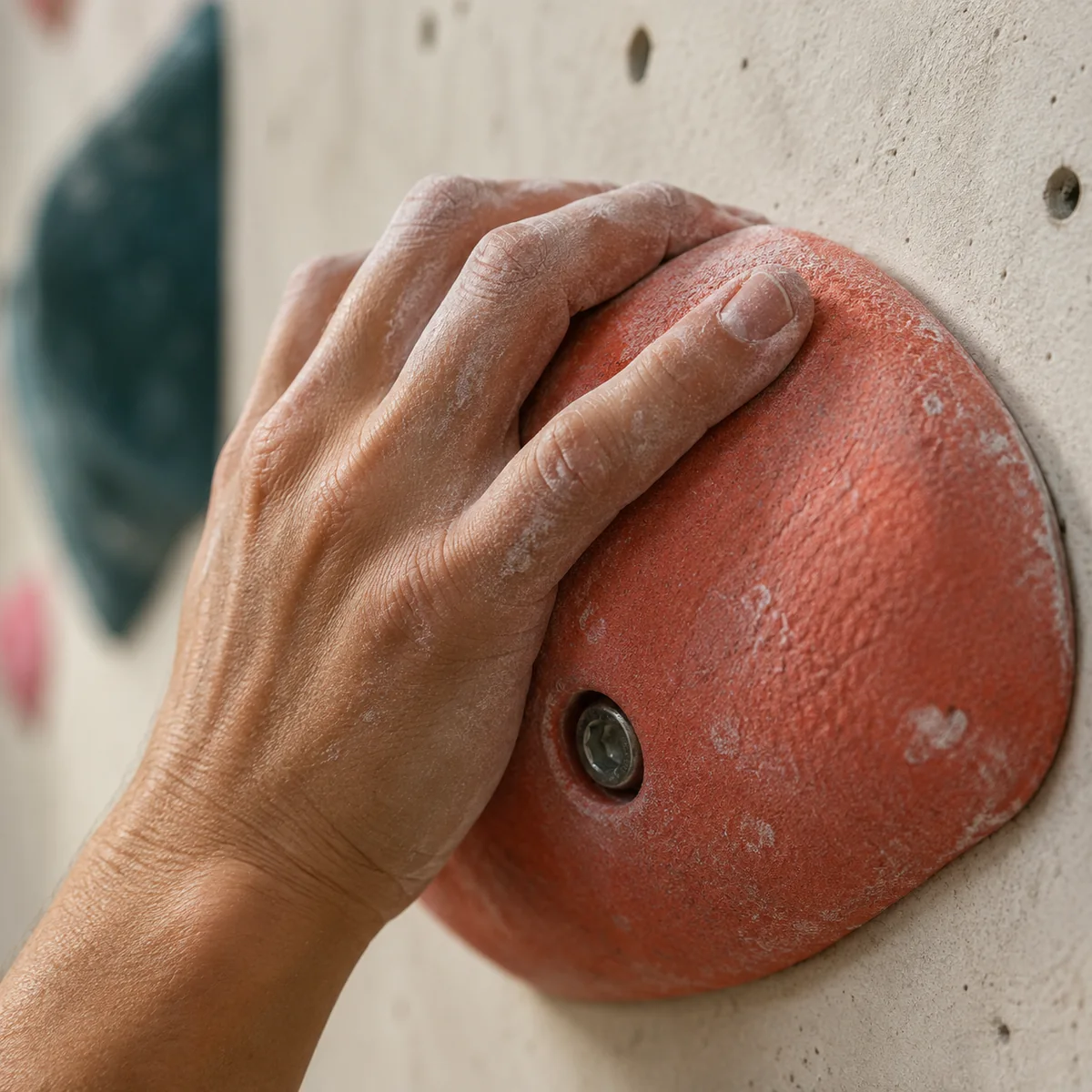 Chalked fingers rest on the textured lip of a climbing hold.