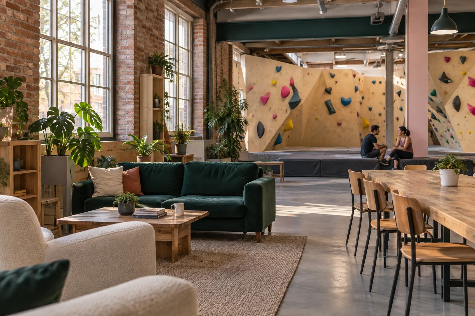 A sunlit gym lounge with plants, wooden tables and comfortable seating.