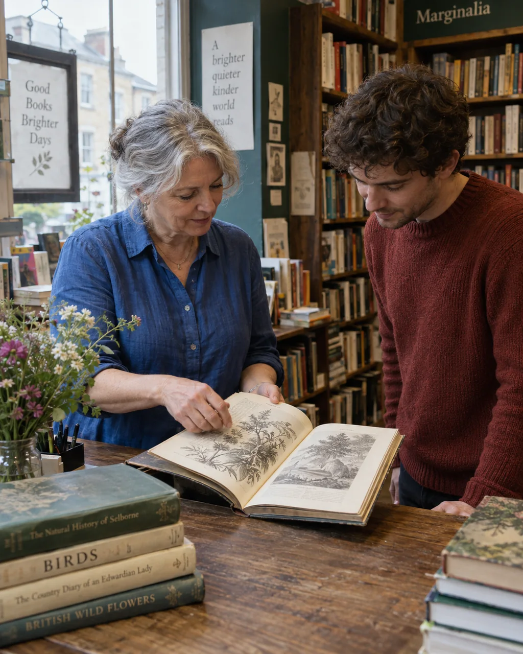 A bookseller and customer examine an open hardback together at the wooden counter.