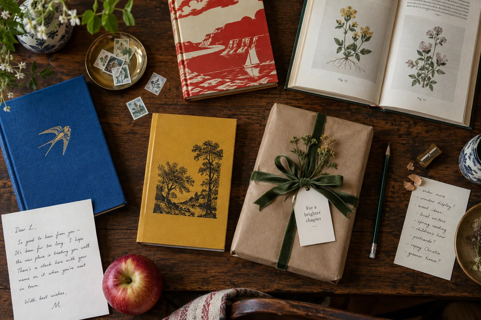 Distinctive book covers, an open art book and a paper parcel spread across a bookseller’s table.