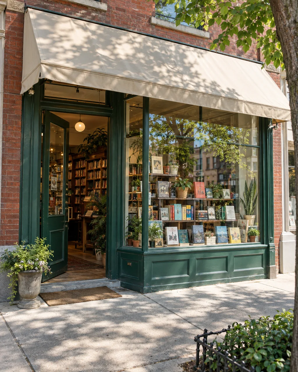 A bright brick bookstore frontage with a green door and colorful books in the window.