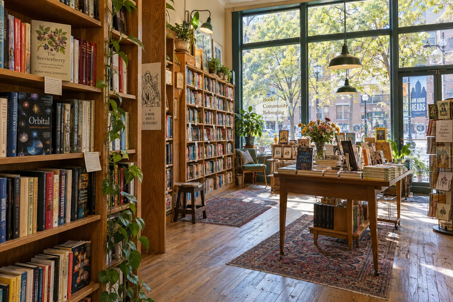 Colorful books fill oak shelves beside a sunlit bookstore window and browsing table.