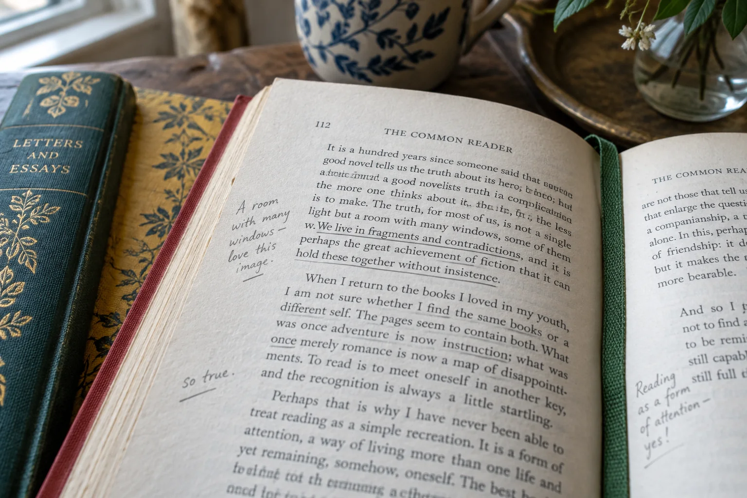 Pencil notes fill the margins of an open book beside teal, red and ochre cloth bindings.