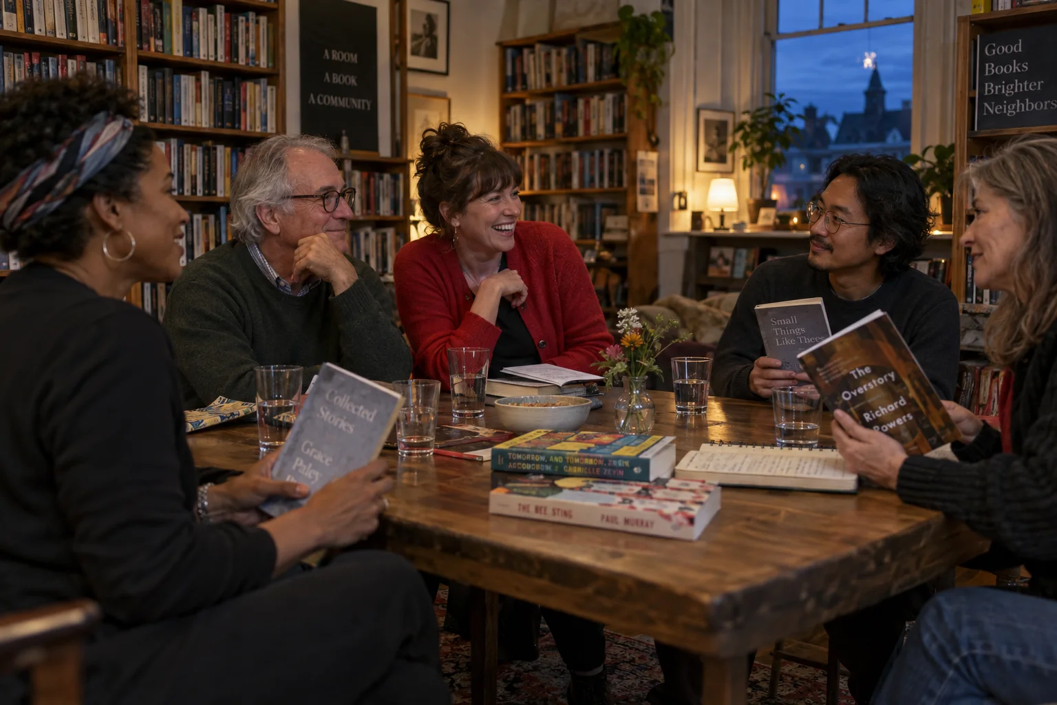 A small reading group shares a laugh around an oak table beneath warm lamps.