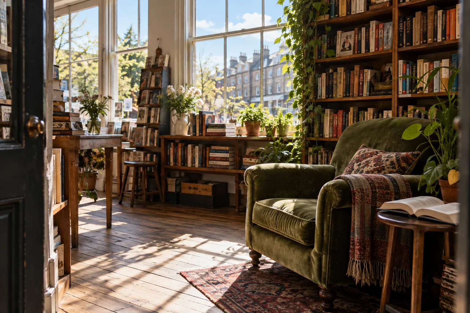 An olive green reading chair waits beside a tall window, colorful shelves and leafy plants.