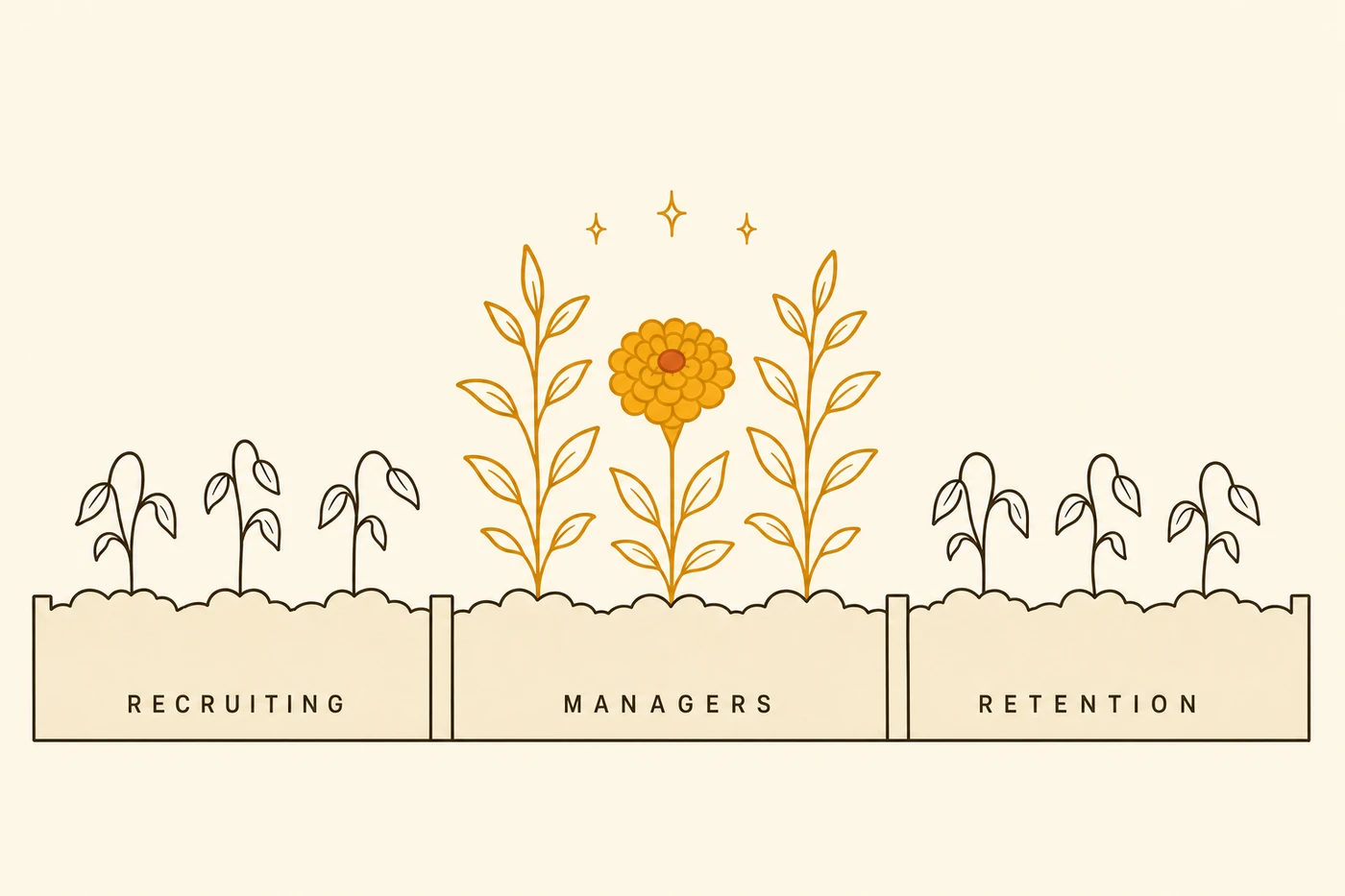 Infographic of three planting beds labeled Recruiting, Managers, and Retention. Only the middle bed has a marigold planted among its crops, and those crops grow taller and healthier than the crops in the two beds without one.