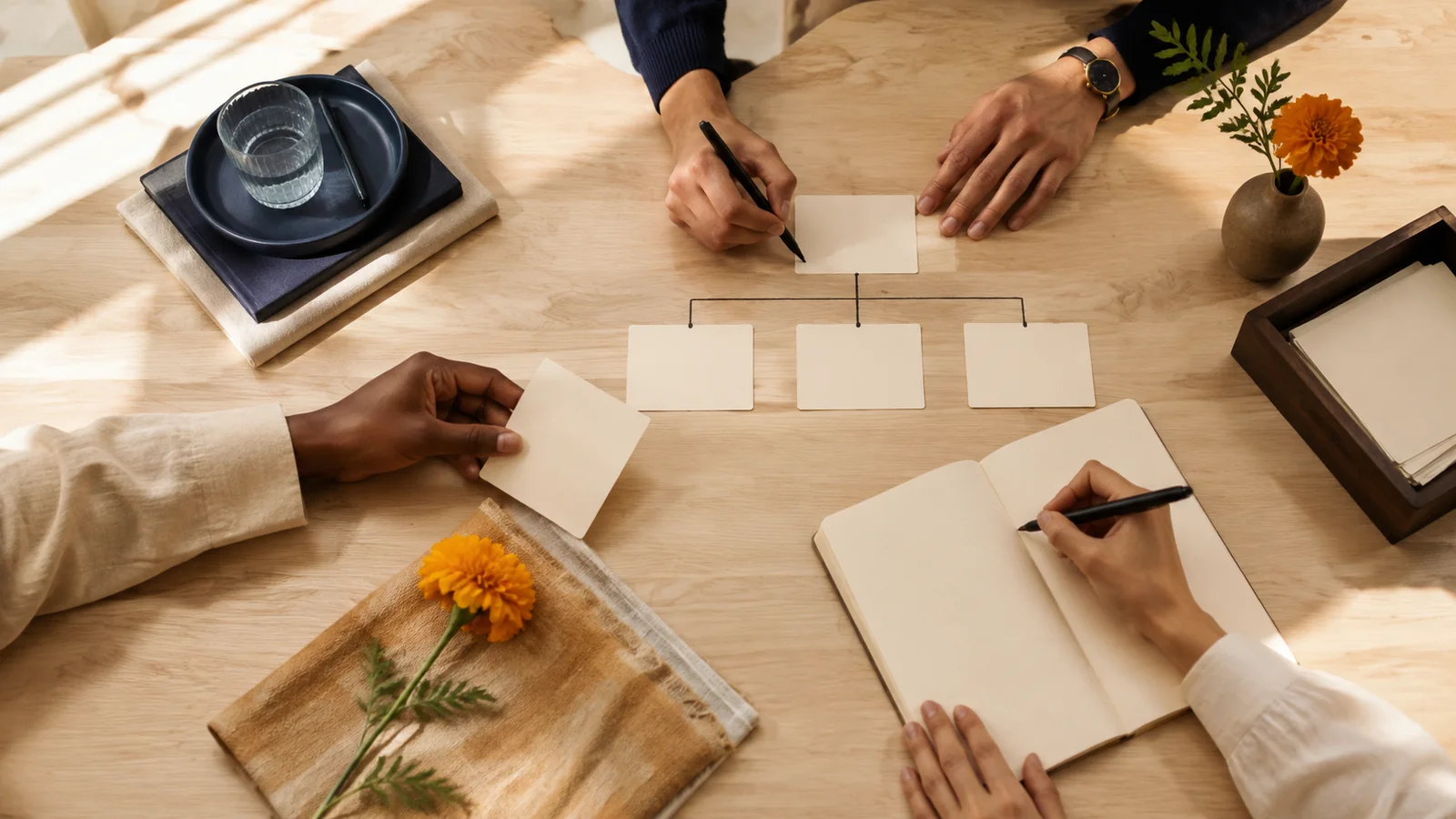 Hands arrange planning cards and notes during a people-operations working session.