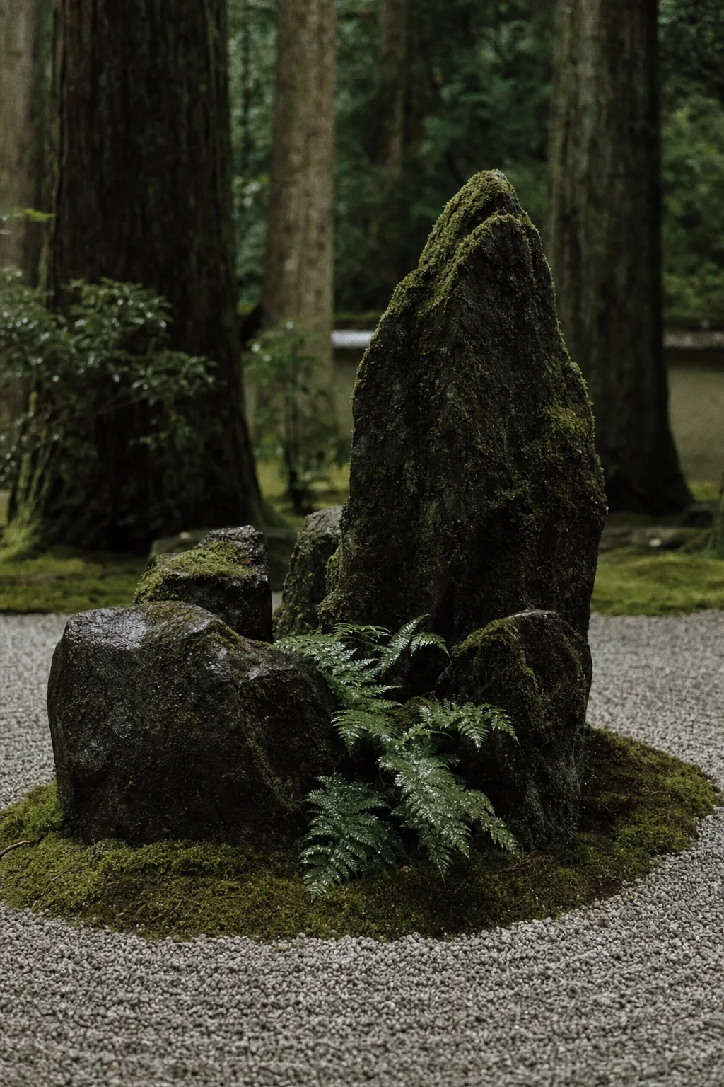 Moss and stone beside raked gravel at Matsukaze