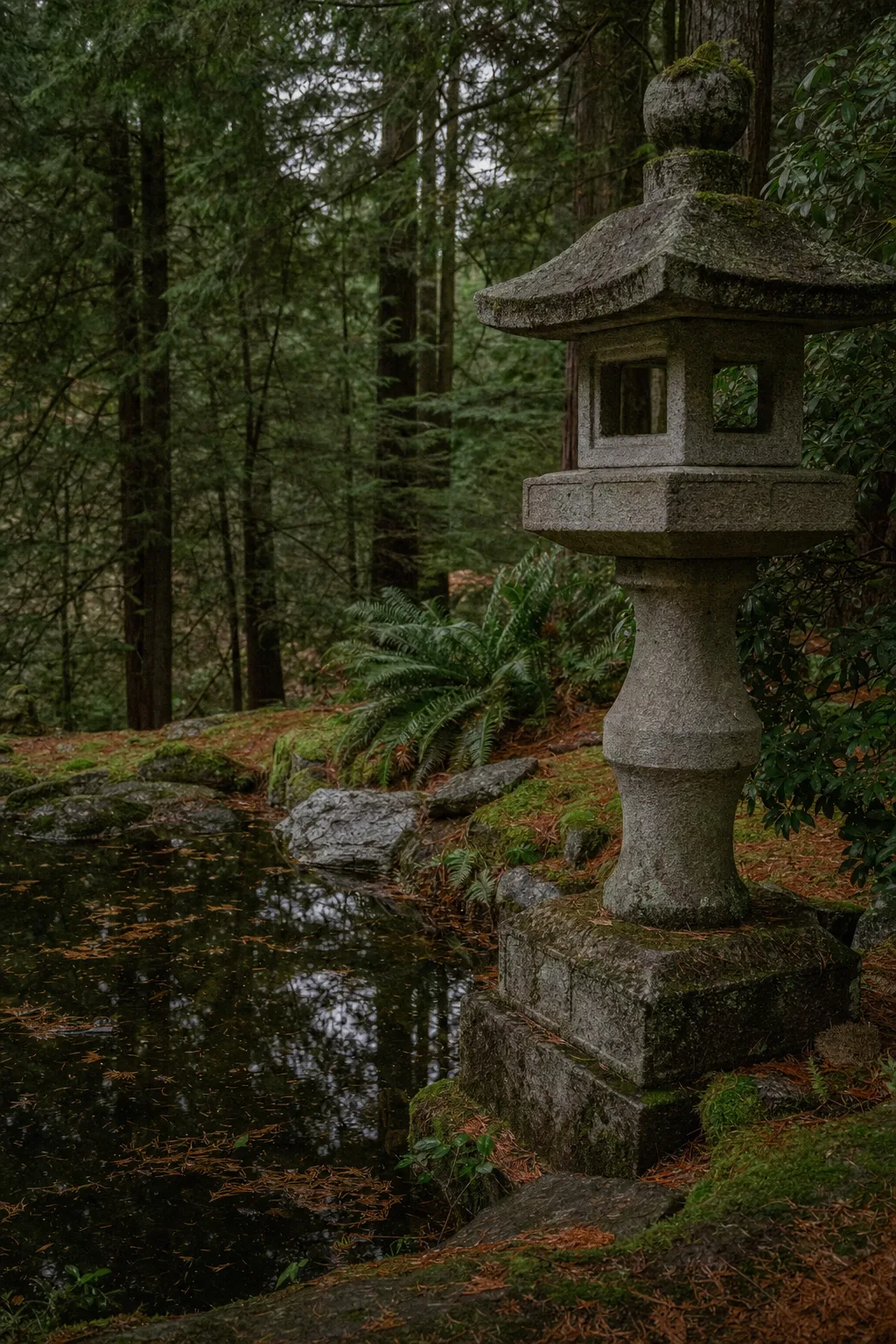 A stone lantern beside the still pond at Matsukaze
