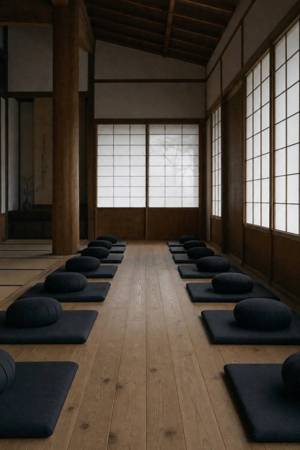 The quiet cedar zendo, cushions set in rows
