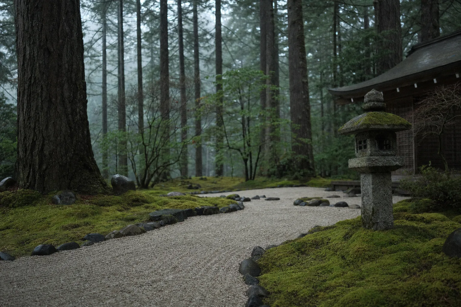 A glance along a raked gravel path in the Matsukaze grounds
