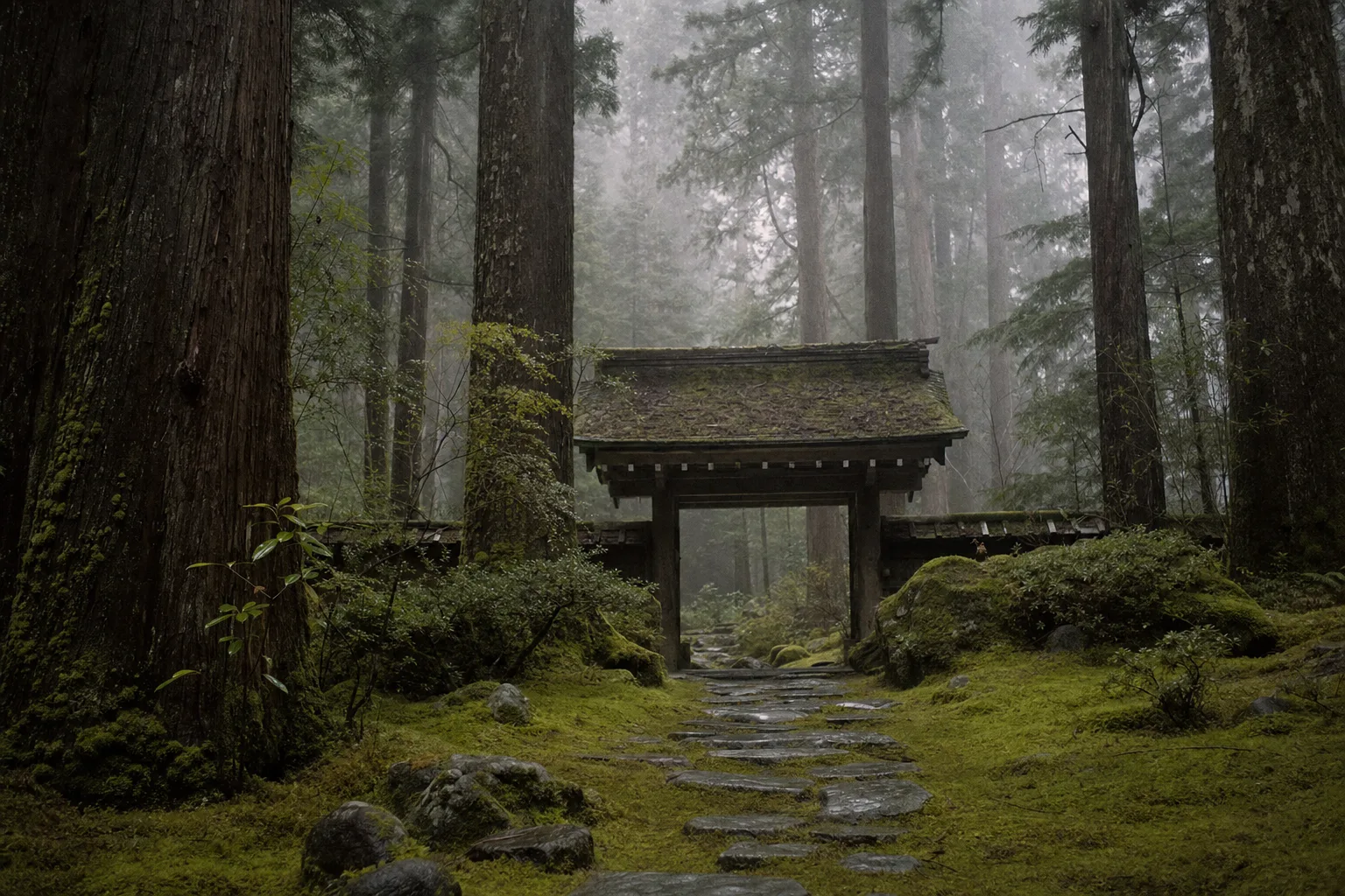 A moss-and-stone path through tall pines, drifting with morning fog, at Matsukaze Zen Center