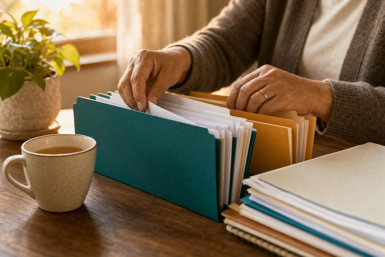 Hands calmly organizing paperwork into labeled folders beside a cup of tea