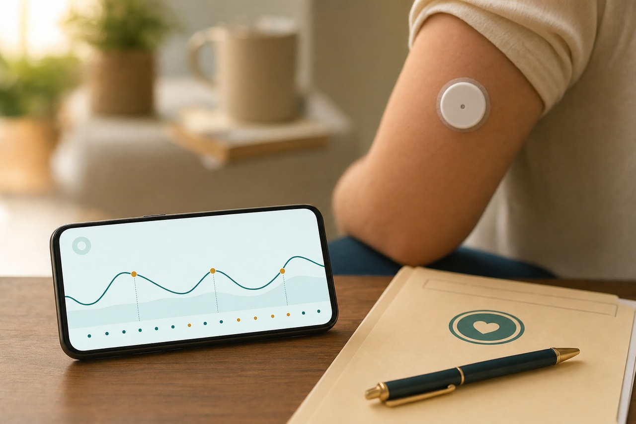 A continuous glucose monitor graph on a phone next to a medical folder