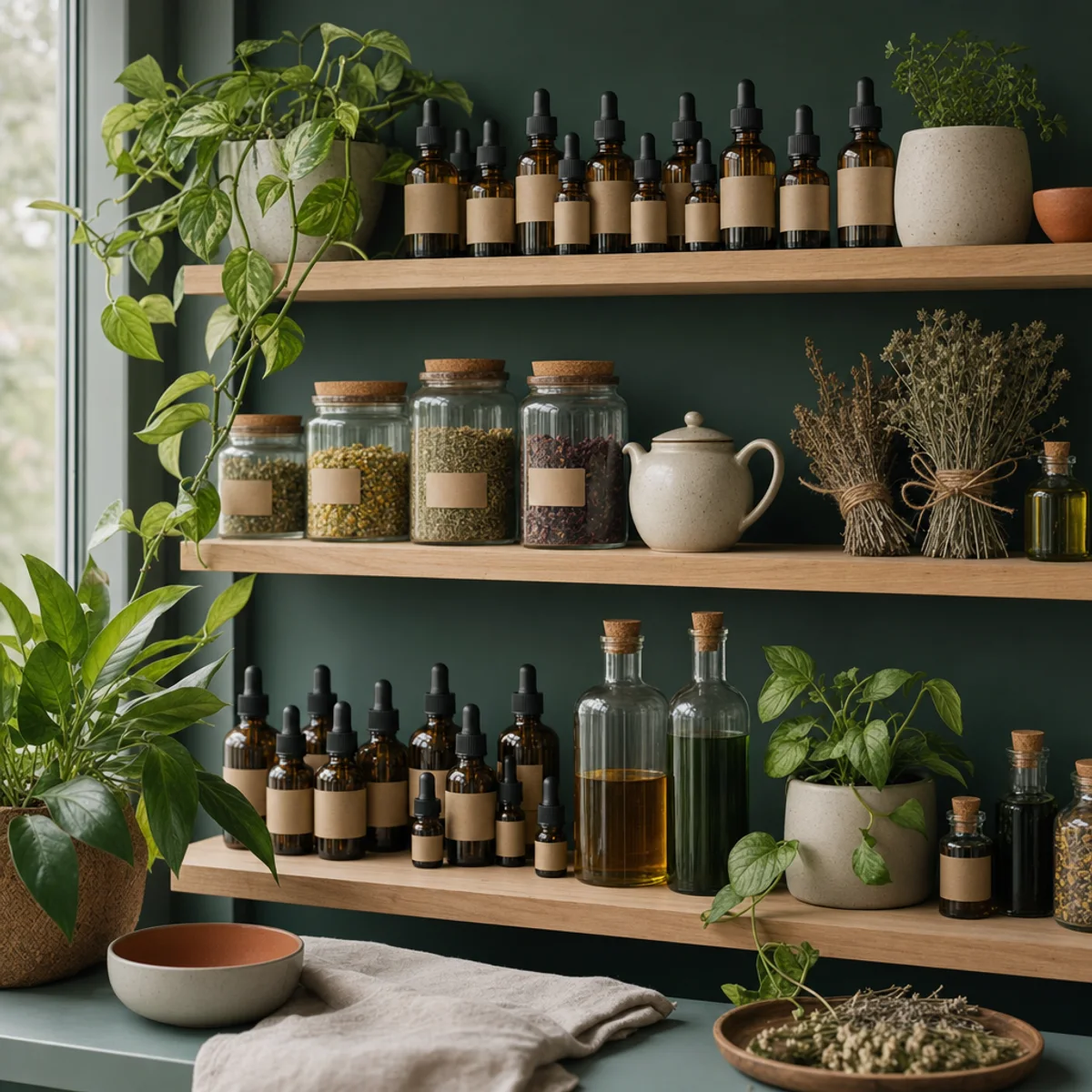 Dispensary shelves lined with botanical tinctures, dried herbs, jars of powders, and plants