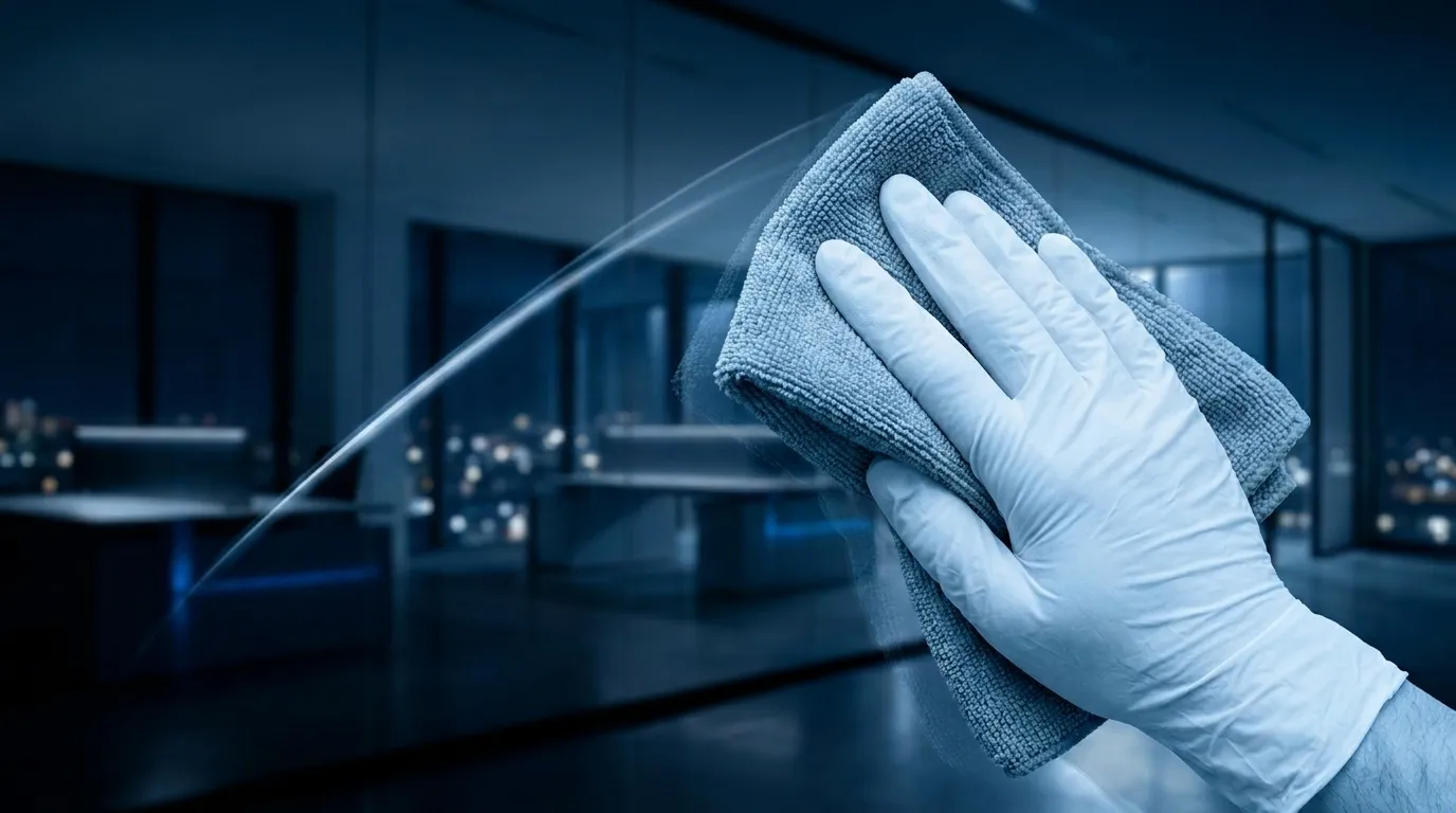 Gloved hand wiping glass in a night office — illustrative
