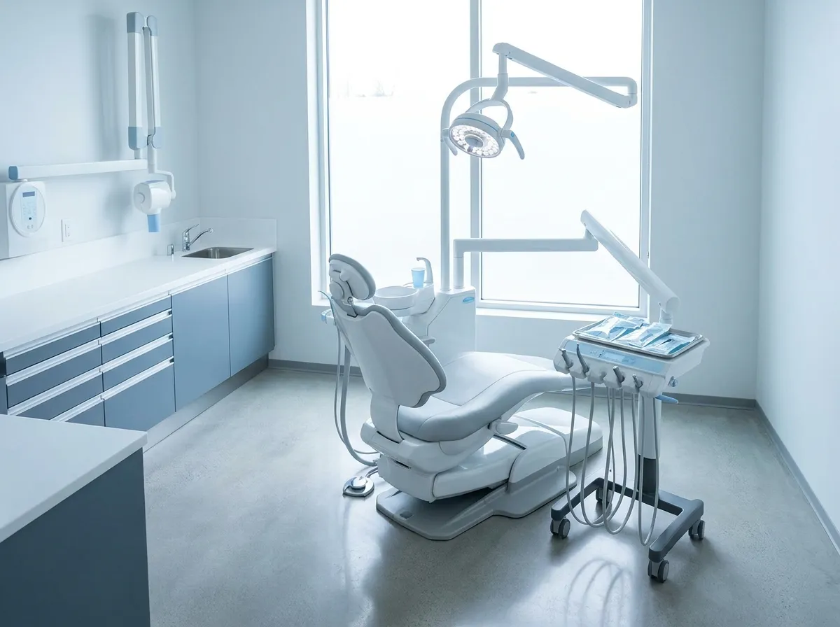 Dental treatment room with chair and equipment — illustrative
