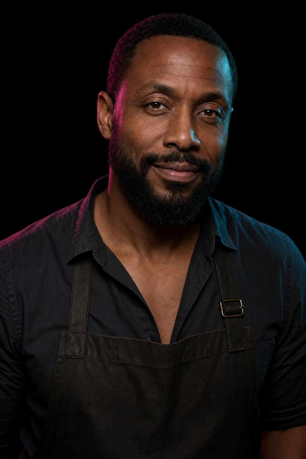 Dez Okafor, owner and head bartender, behind the rail in low neon light