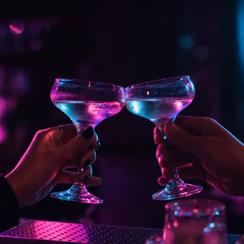Two glasses meeting over the window rail at night