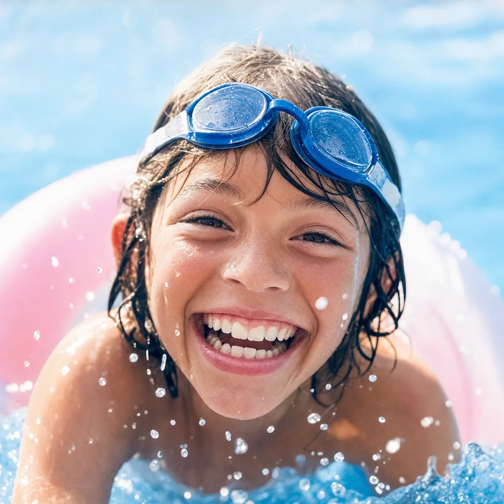 A grinning kid with goggles pushed up on their forehead, water droplets everywhere.