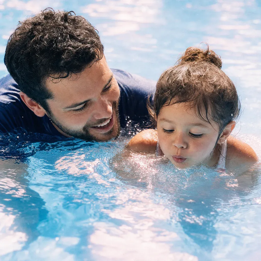 A swim teacher in the water beside a child, close and reassuring, faces lit and warm.