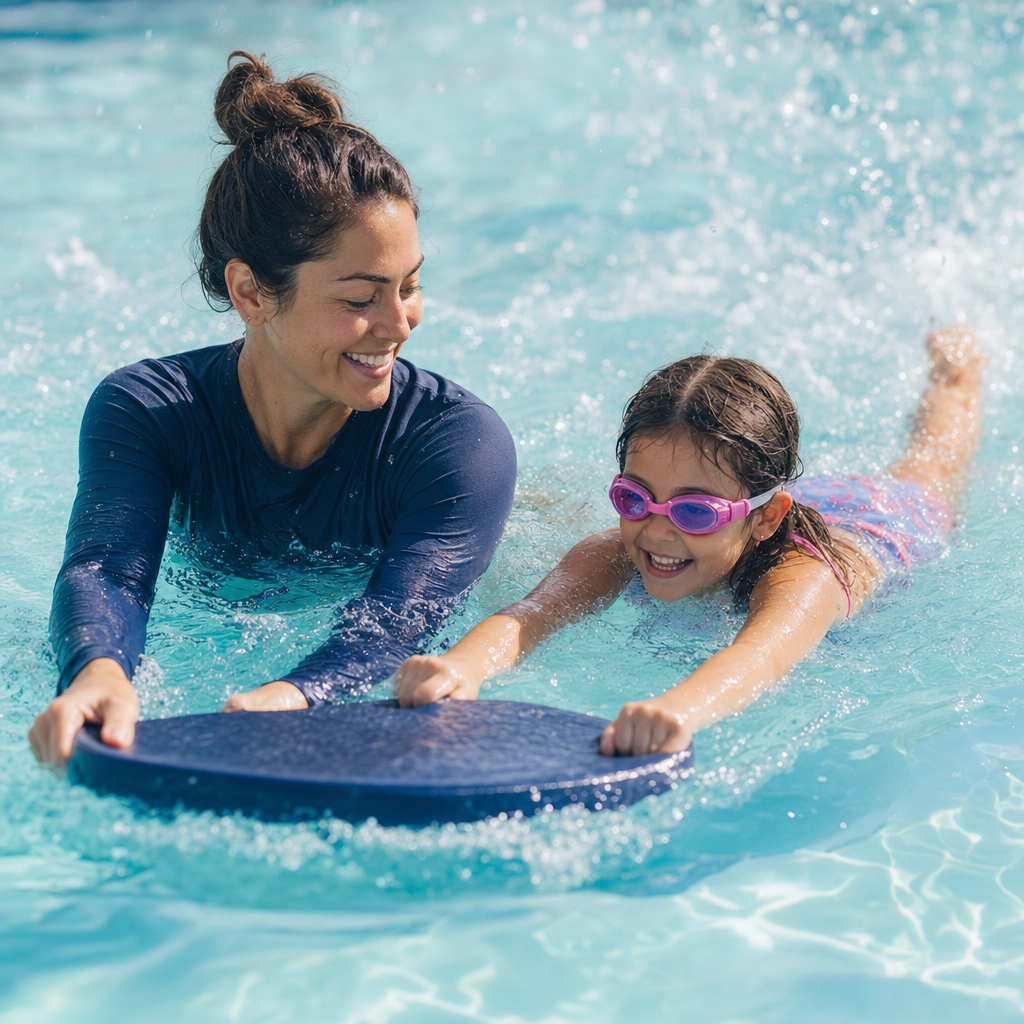 A swim teacher in the water beside a child, close and reassuring, faces lit and warm.