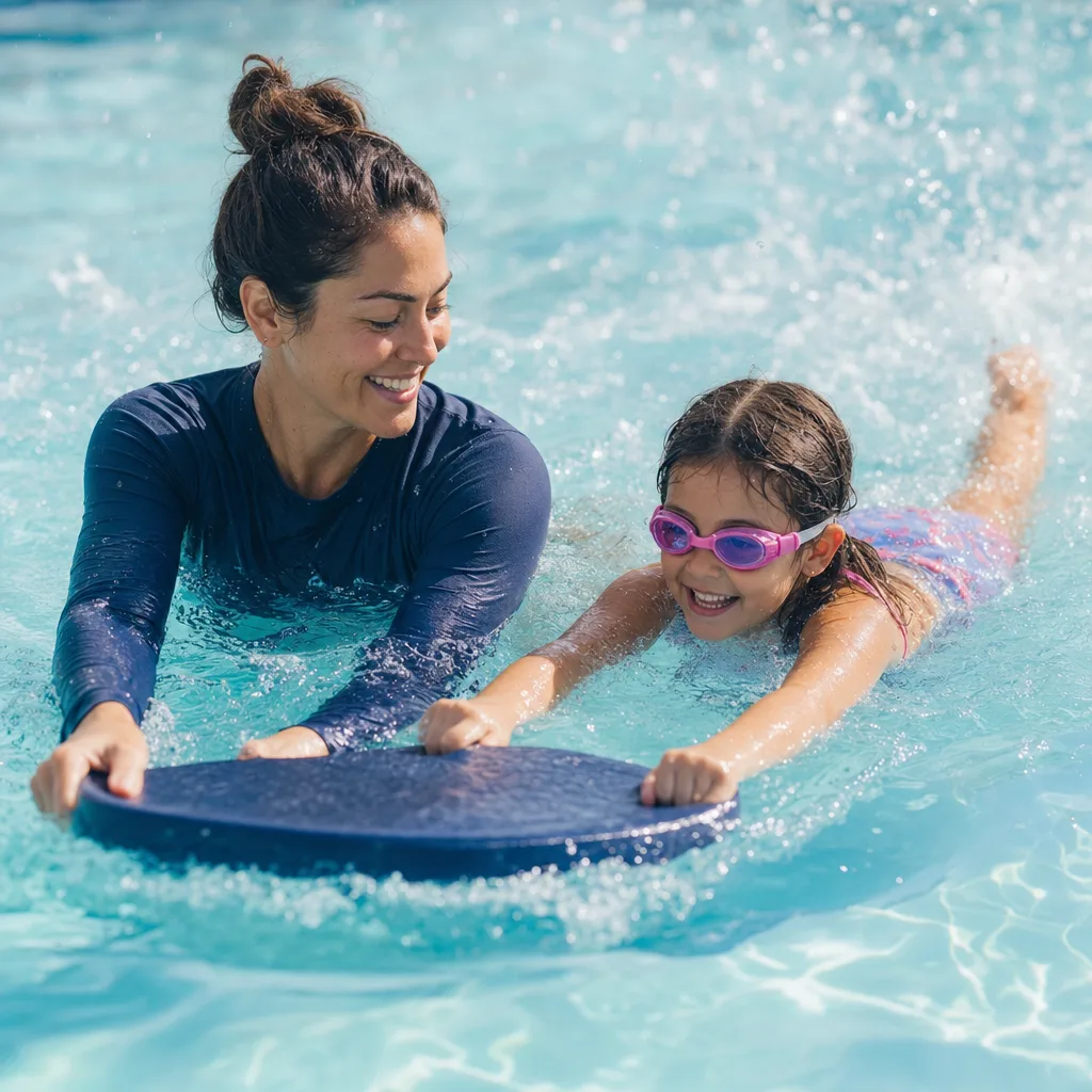 A swim teacher in the water beside a child, close and reassuring, faces lit and warm.