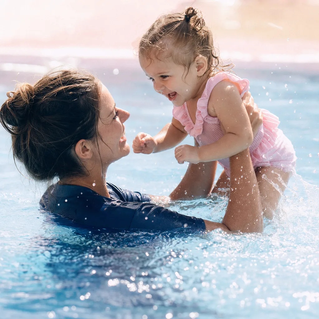 A swim teacher in the water beside a child, close and reassuring, faces lit and warm.