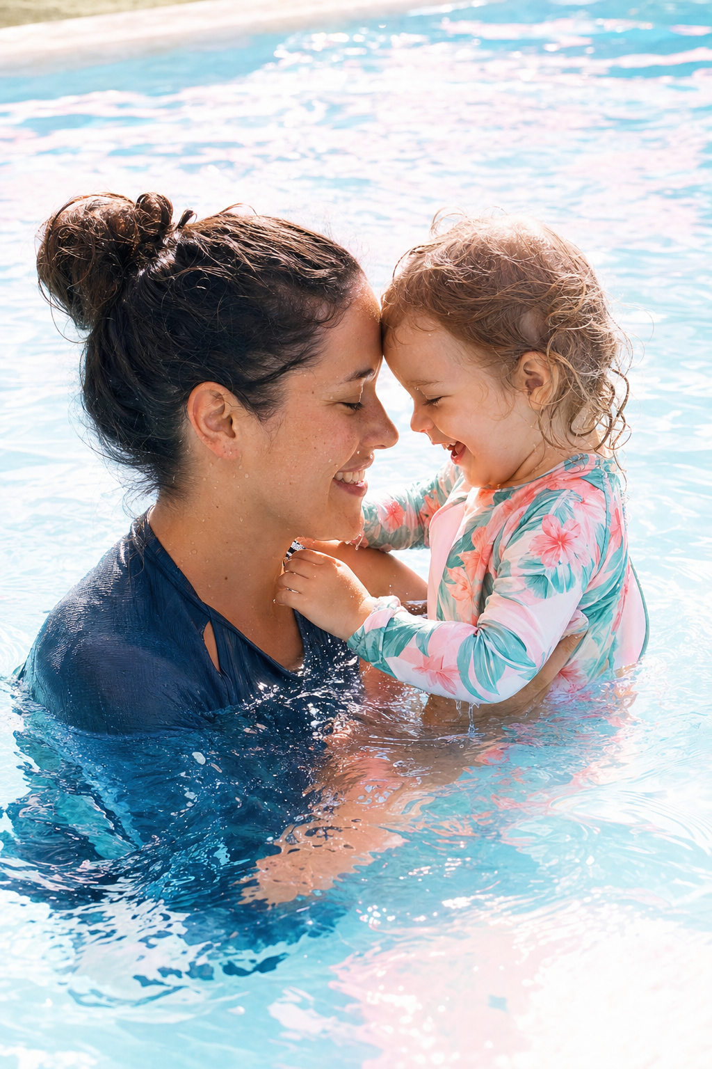 A swim teacher in warm water holding a smiling toddler, foreheads close, both mid-laugh.