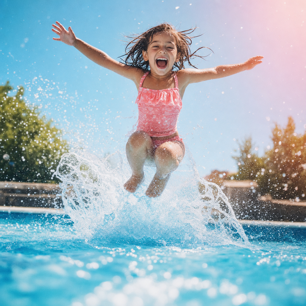 A joyful child mid-air jumping into a pool, arms wide, splash frozen below.