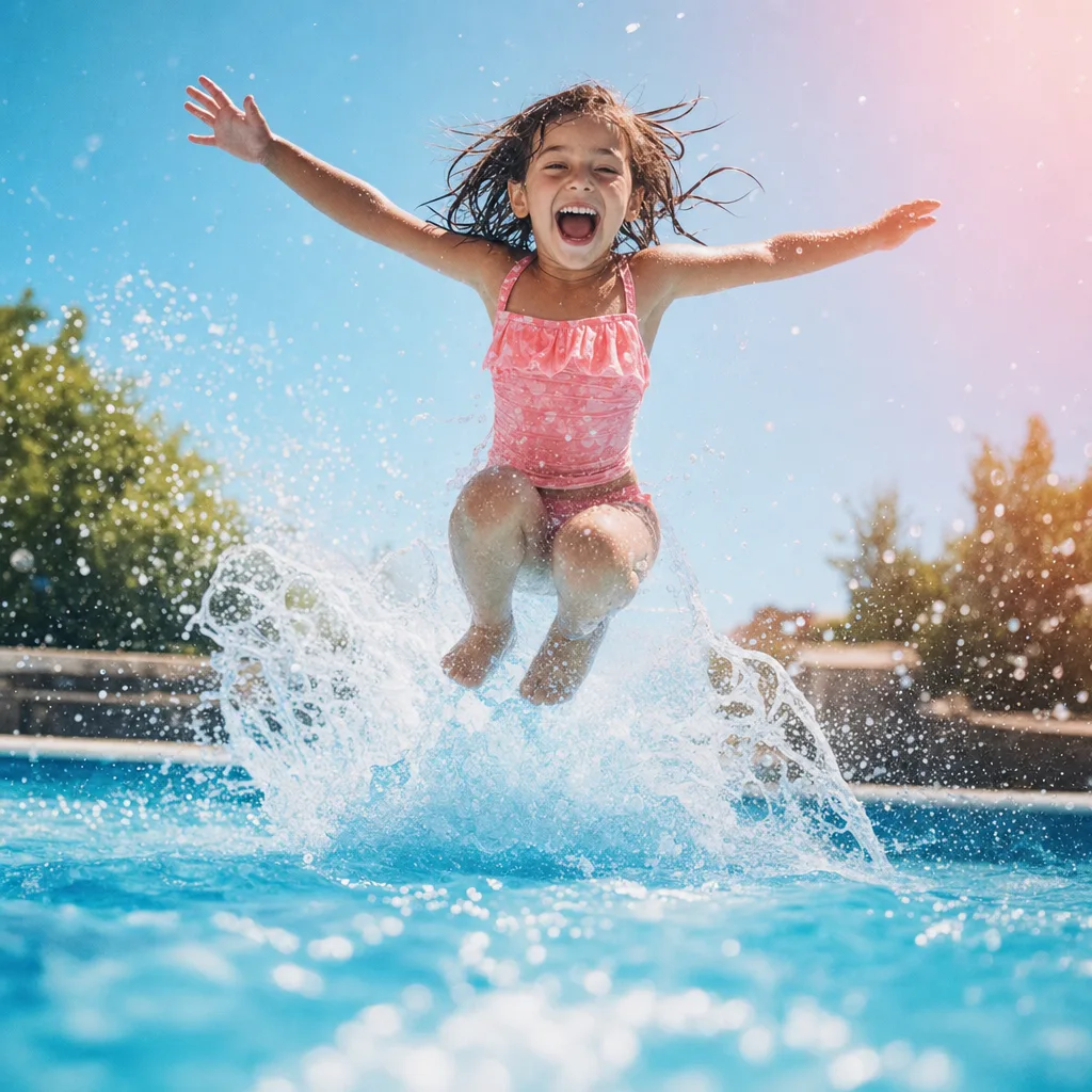 A joyful child mid-air jumping into a pool, arms wide, splash frozen below.