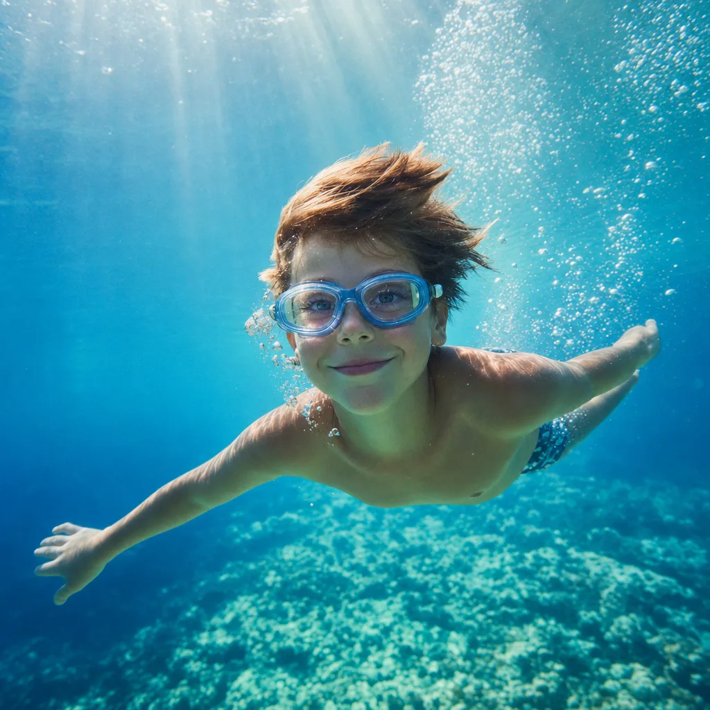 A child gliding underwater in sunlit blue, bubbles trailing, eyes open and happy.