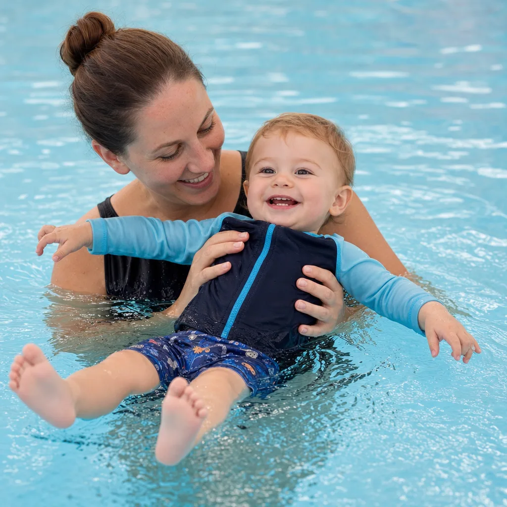 A parent gently holding a happy toddler in a supported back float, Little Minnows level.