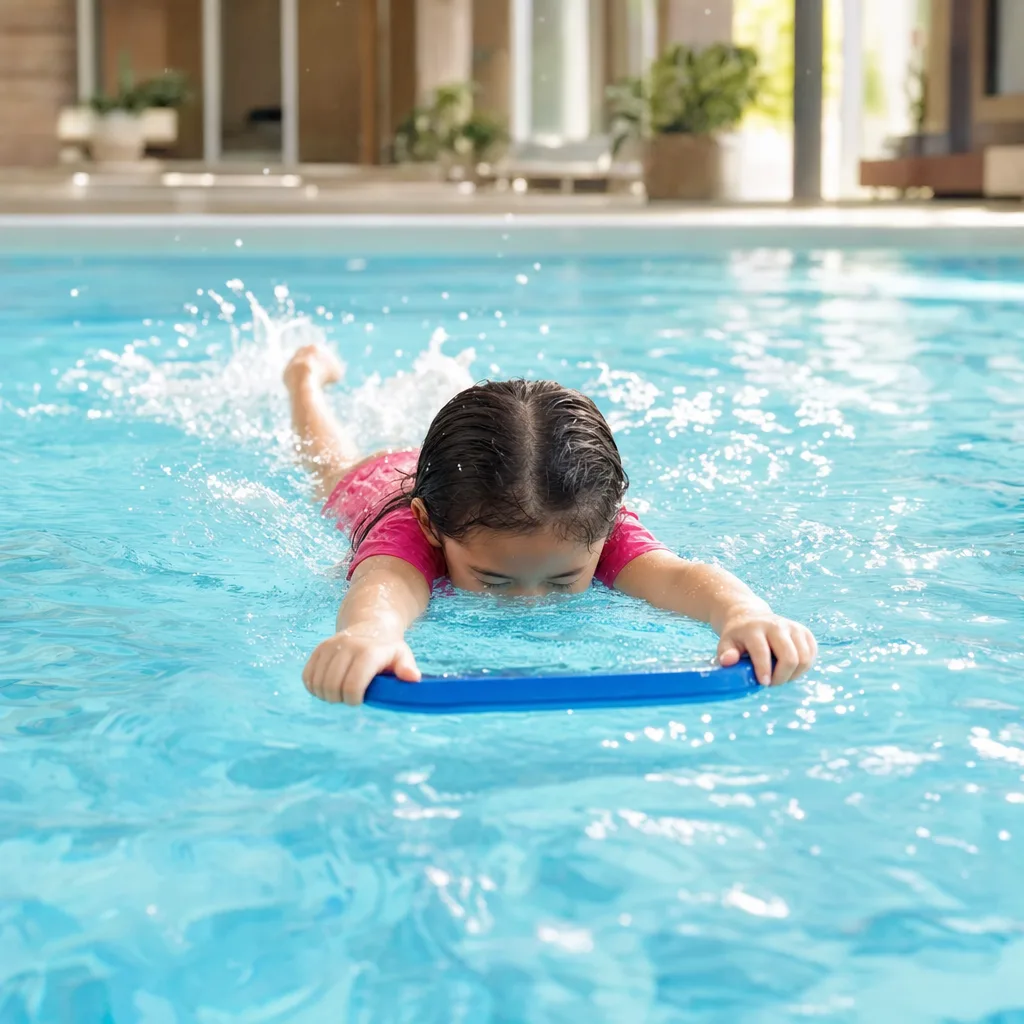 A young child mid-glide across the pool with a flutter kick, Gliders level.