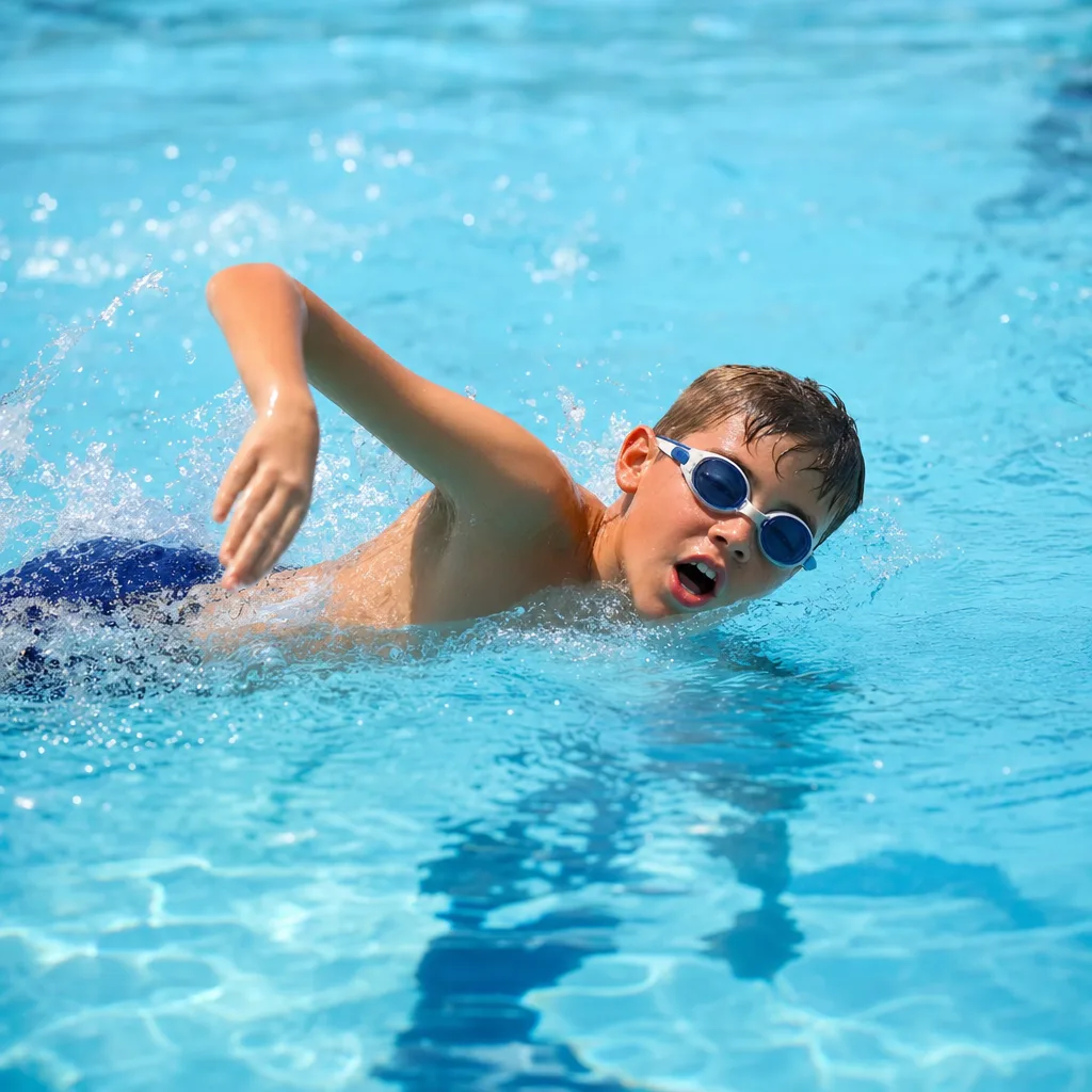 A kid swimming freestyle with confident form, Strokemasters level.