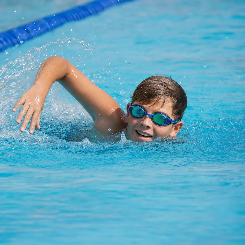 A preteen swimming a strong, focused lap, Swim Team Ready level.